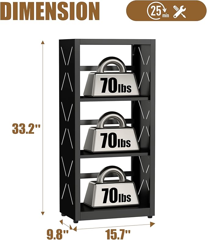 3 Tier Bookshelf, 34"Tall Metal Bookcase with Adjustable Shelves, Modern Display Book Shelf, Black Bookcase Shelf, Utility Shelf, Storage Shelves for Office, Living Room, Kitchen, Study-16"W