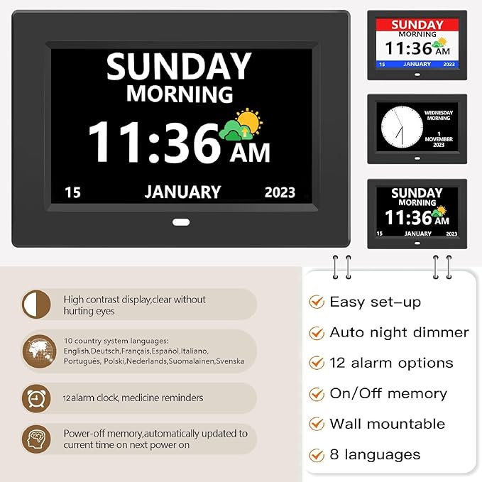 7 Inch Digital Clock with Day and Date for Elderly Alzheimer's Clock Customizable Alarms 3 Display Modes Large Font Alarm Clock for Seniors Auto DST Black
