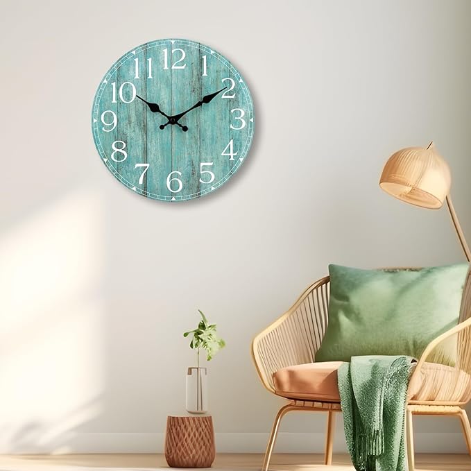 HYLANDA Wall Clock, 16 Inch Teal Silent Non-Ticking Kitchen Decor, Rustic Vintage Country Retro Decorative Clocks Battery Operated for Bathroom Bedroom Living Room Office(Aqua)