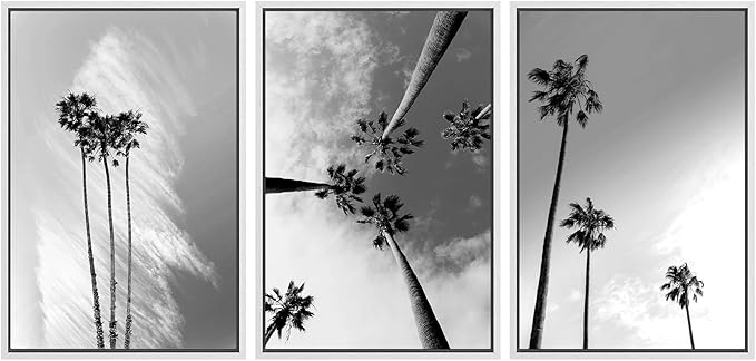 SIGNWIN 3 Piece Framed Canvas Wall Art Black and White Palm Tree Canvas Prints Home Artwork Decoration for Living Room,Bedroom - 16"x24"x3 White