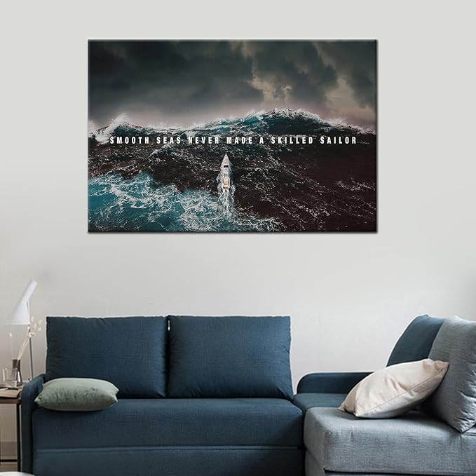 Motivational Canvas Wall Art Inspirational Success Painting Smooth Seas Picture Poster Positive Motto Office Quotes Print Artwork for Living Room Office Framed Stretched Ready to Hang [36''Wx24''H]