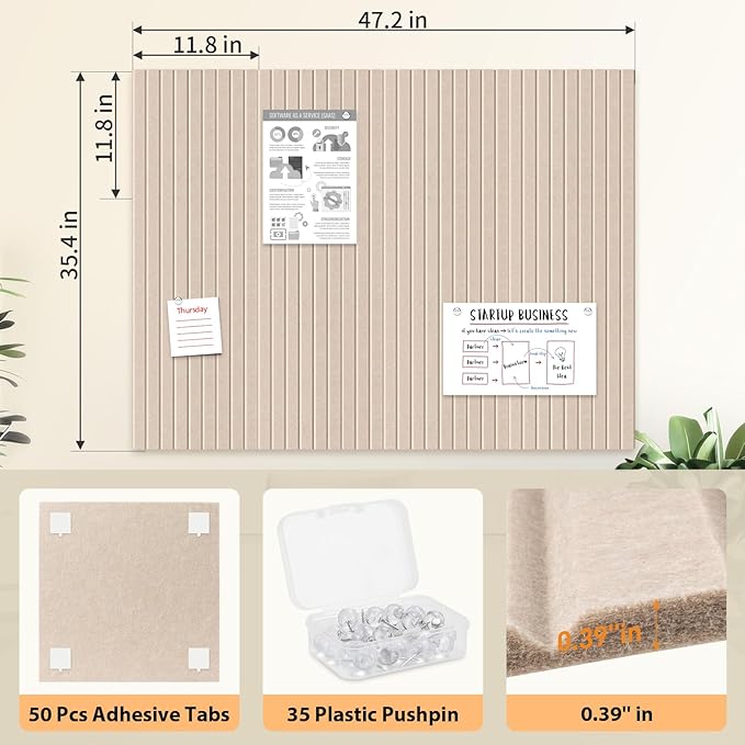 Smarpau Large Cork Board for Walls, 48"x36" Bulletin Board, 12 Pack Felt Wall Tiles with Pushpins Removable Security Stickers, Pin Board for Office Wall Organizer Protector -Dark Camel