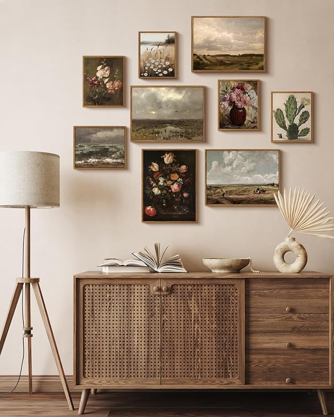 ARPEOTCY Vintage Framed Canvas Wall Art, Retro Countryside Wildflower Field Canvas Prints Decor, Farmhouse Floral Painting Landscape Wall Art for Living Room, Bedroom, Bathroom(8 x 10 Inch)