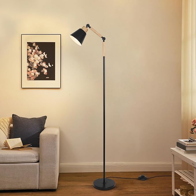 HMVPL Farmhouse Floor Lamp for Living Room, Rustic Standing Lamp with 5W 3000K Bulb, Wood Corner Floor Lamp with Foot Switch, Height Adjustable, Boho Pole Tall Lamp for Bedroom Reading Office Nursery