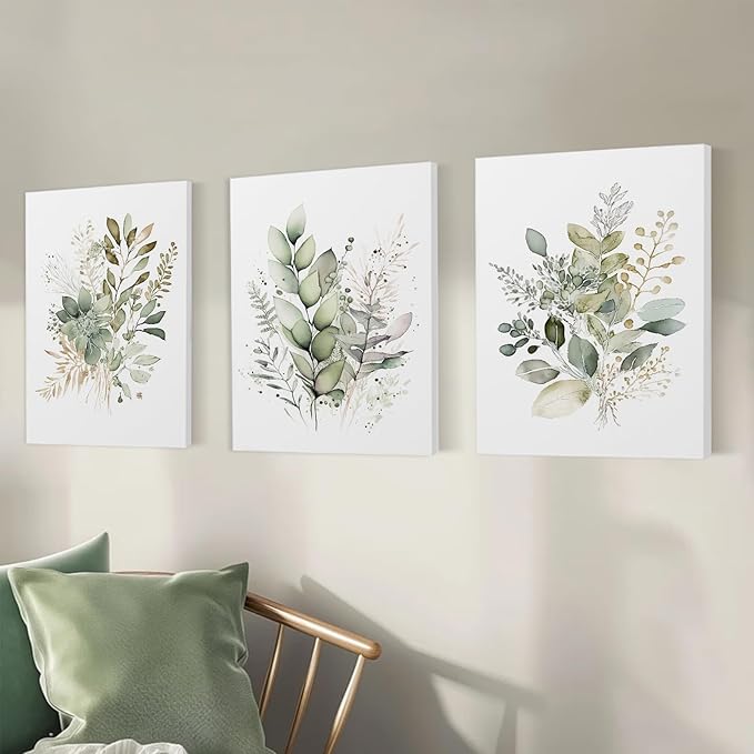 Framed Bathroom Wall Art Set of 3 for Rustic Botanical Prints,Watercolor Botanical Wall Art,Sage Green Painting Eucalyptus Leaf Art Pictures,Modern Boho Floral Wall Decor for Room Living Room Bedroom Decorations,12x16inch