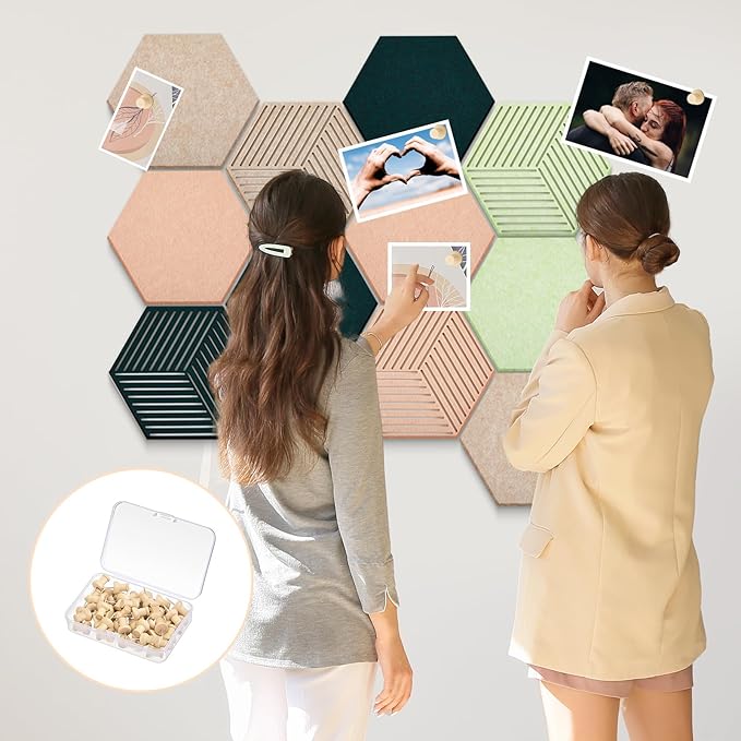 12 Pcs Hexagon Cork Boards Tiles for Walls Decor 12 x 10 Inch Cork Bulletin Board Tiles with 50 Pins, Pin Board for Office Home for Office & Home for Notes Photos and DIY Classroom Decor