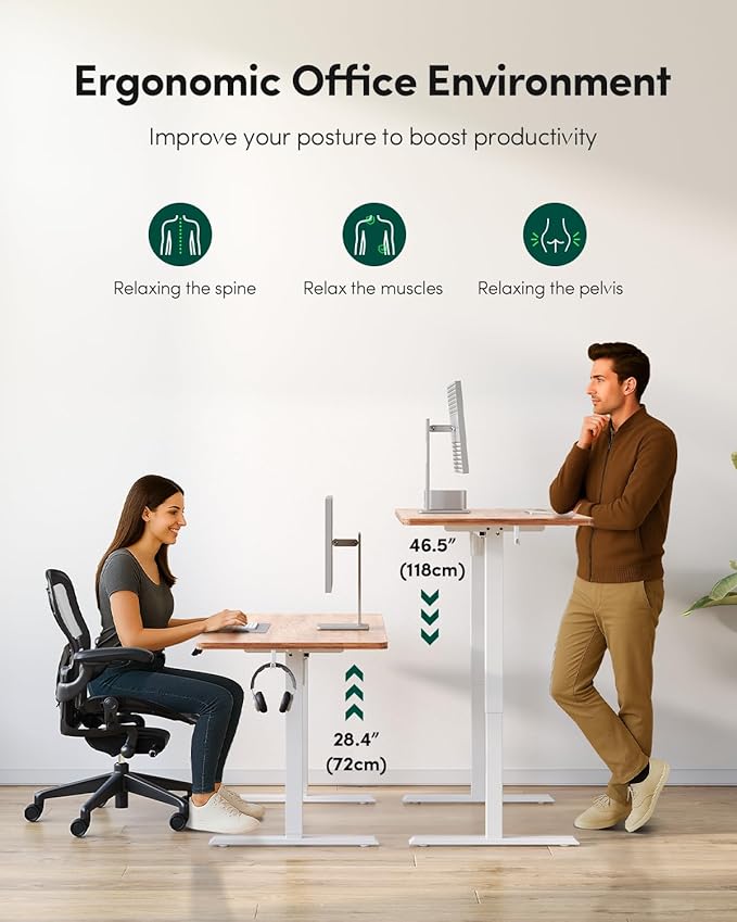 CubiCubi 32 x 20 Small One-Piece Standing Desk, Adjustable Height Electric Computer Home Office Sit Stand up Workstation, with 4 Memory Presets, Headphone Hook, Light Rustic