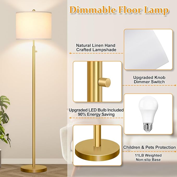 Nintiue 【Upgraded】 Dimmable Floor Lamp for Living Room, 11W LED Bulb Included, Modern Standing Lamp, Tall Pole Light with Linen Shade for Bedroom Reading Office Corner Nursery-Gold