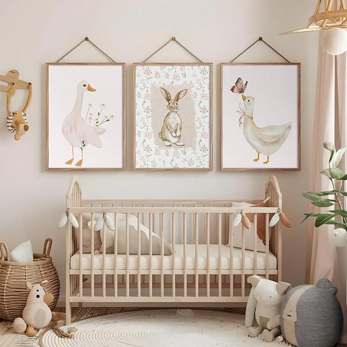 Vintage Nursery Wall Art Goose Canvas Poster Coquette Wall Decor Baby Girl Painting Kids Poster Bunny Rabbit Prints Cute Animal Pictures Duck Artwork for Bedroom Living Room 16x24x3 Inch Unframed