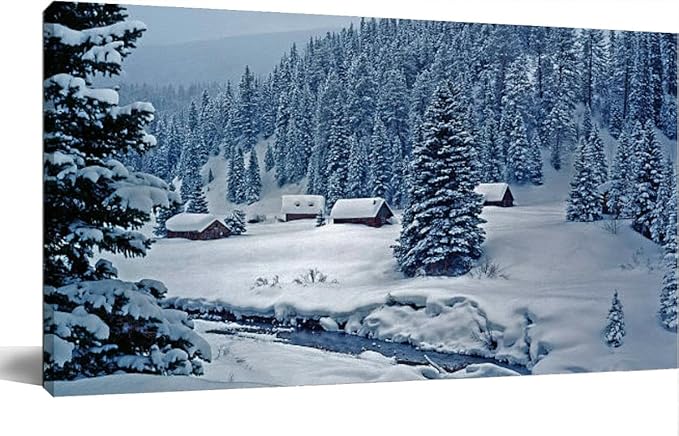 Snowy log cabins ethereal moonlight Canvas Wall Art Large Framed Prints Pictures Wall Decor Posters Painting Artwork for Living Room Bedroom Kitchen Bathroom 12x24