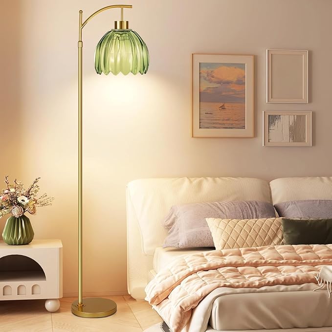 Glass Floor Lamp for Living Room,Bedroom,Gold Mid Century Modern Standing Lamp with Remote,Dimmable Brass Tall Lamp Vintage Tulip Green Arc Flower Floor Light Boho Bohemian