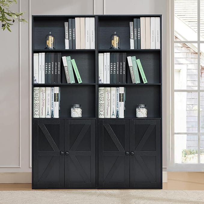 Black 5-Tier Bookshelves for Living Room, Farmhouse Tall Bookcase with Doors, Wooden Bookshelf with Storage Cabinet and Shelves for Living Room, Home Office (2PCS)