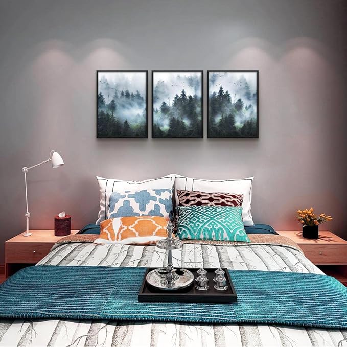 DZRWUBHS Framed Canvas Wall Art - 3 Piece Set, Foggy Forest Trees Landscape Painting, Black, Modern Wall Decor for Living Room, Bedroom, Kitchen etc.