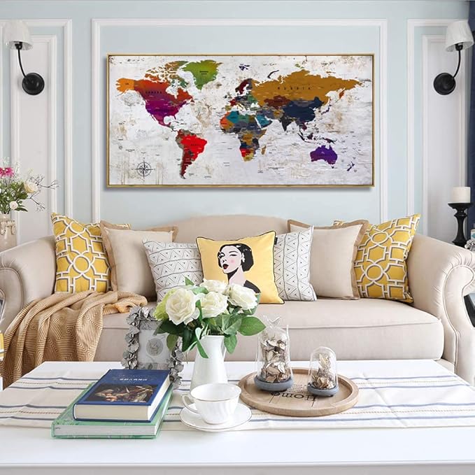 Framed wall art World Map Wall Art Canvas Picture 20inx40in Large Antiqued Map of The World Canvas Painting Artwork Prints for Office Wall Decor Home Living Room Decorations Framed Ready to Hang