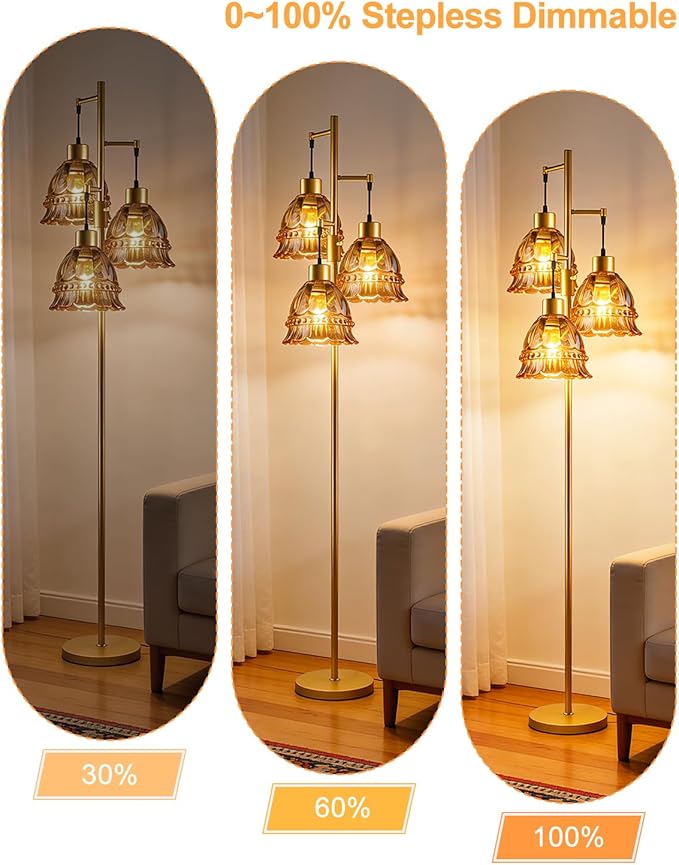 Lightdot 3-Lights Glass Floor Lamp Dimmable Gold Floor Lamps with Brown Glass Shade 3000K Bulbs Included Unique Modern Standing Tall Lamp for Living Room/Bedroom/Sofa Beside/Corner Decor
