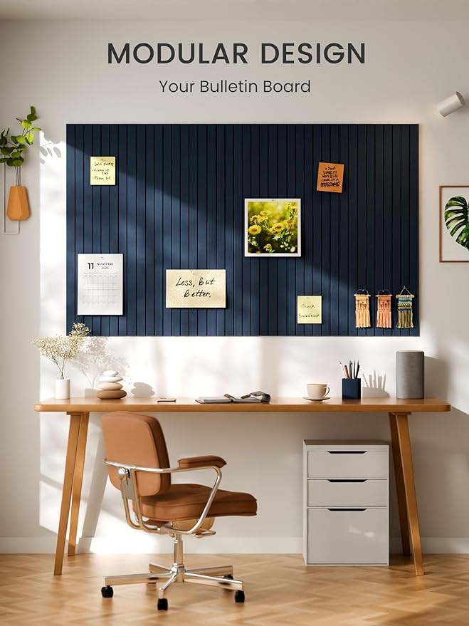 Bumusty Large Cork Board Alternative-48 x 36" Felt Bulletin Board Tiles, with 30 Pushpins, 70 Adhesive Tabs, 12-Pack Slat Wall Paneling, Cork Boards for Office Push Pin Board Felt Board-Carbon Blue