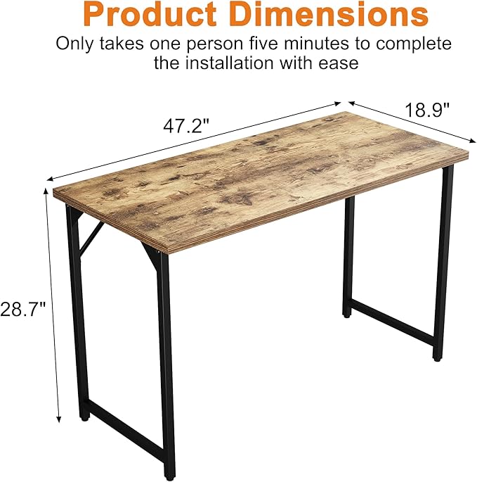 Grandder 47 inch Computer Desk, Home Office Desk Study Writing Kid Table, Simple PC Work Desk, Adjustable Feet, Rustic Brown