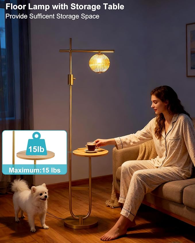 Lightdot 66IN Gold Dimmable Floor Lamps with Table, Modern Standing Tall Lamp with Brown Globe Glass Shade, Cross-Shaped Head and U-Pole Base for Living Room/Sofa Beside/Corner Decor(Bulb Included)