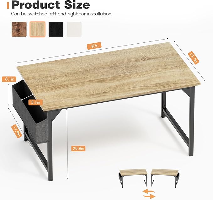 Shahoo Office Computer Desk, 40 Inch Student Home Table for Writing Work with Headphone Hook and Storage Bag, Light Oak