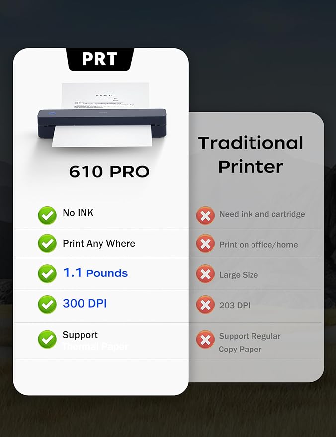 PRT Portable Printer Wireless for Travel, Bluetooth Thermal Printer Support 8.5" X 11" US Letter A4 A5, Compatible with iPhone, Android & Laptop, Inkless for Office, Home, School, Dark