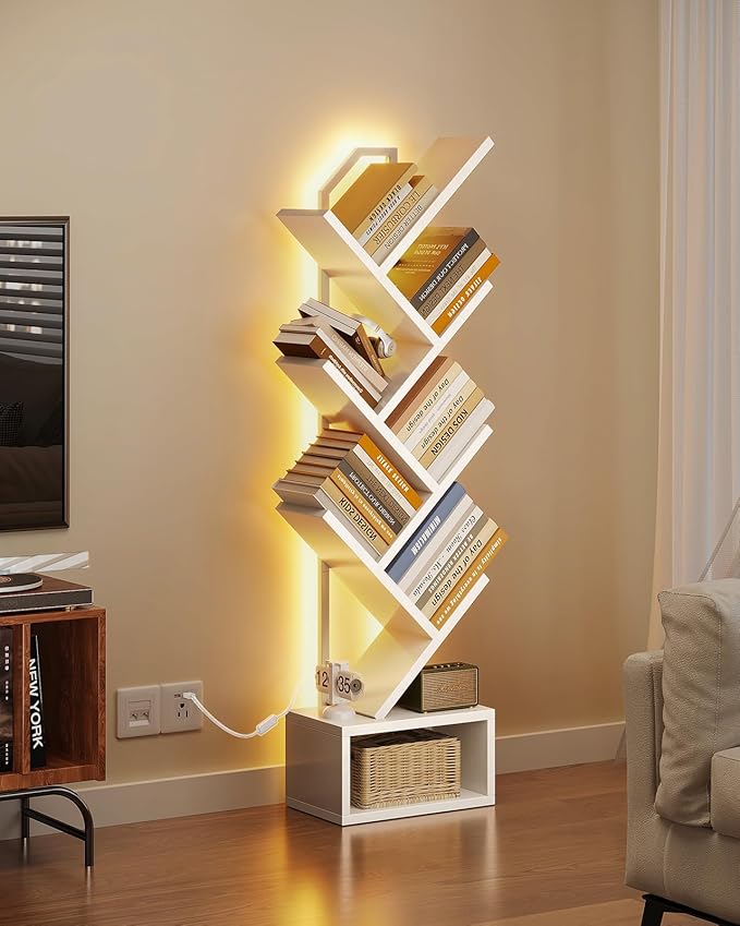 Casaottima Tree Bookshelf with LED Lights, 6-Tier Narrow Bookcase for Small Spaces, Tall Steel & Wood Storage Shelf with Cabinet, Home Decor & Organizer for Living Room/Bedroom/Home Office, White