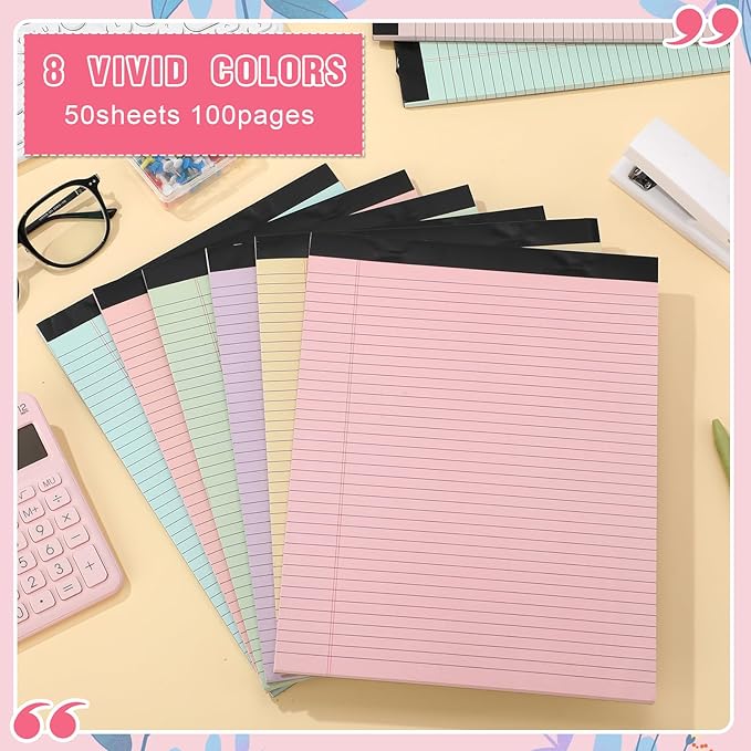 Fuutreo 8 Pcs 8.5'' x 11'' Colored Legal Pad 50 Sheets Per Writing Pads Narrow Ruled Notepad Perforated Writing Notepad Office Supplies for College Office Business (Macaron Color)