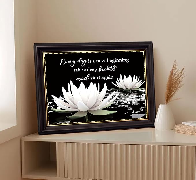 Dark Brown Frame Zen White Lotus Canvas Wall Art On In Water Blooming White Lotus Picture Wall Decor Spiritual Meditation Poster Print Painting for Modern Yoga Spiritual Spa Home Decoration