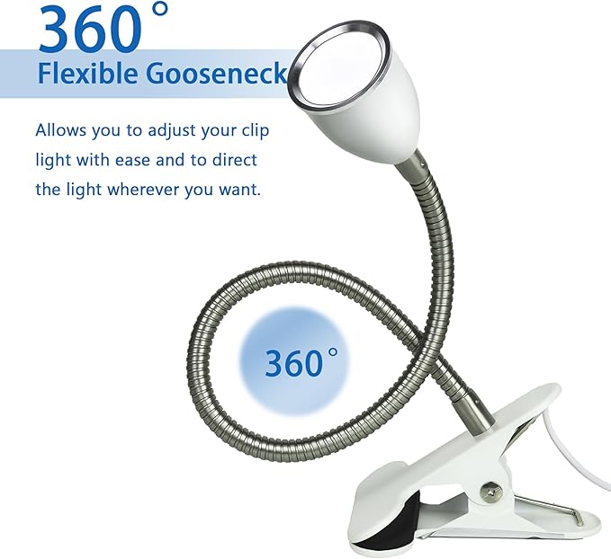 Desk lamp Eye-Caring Table Lamps, 360°Rotation Gooseneck Clip on Lamp Reading Light, Portable Reading Book Light, Clamp Light, Study Desk Lamps for Bedroom and Office Home Lighting (White with Dimme)
