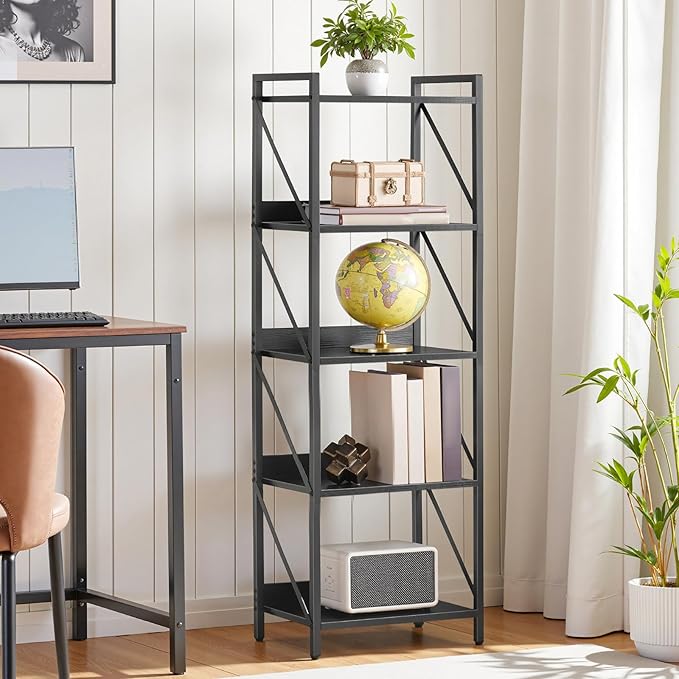 HOOBRO Bookshelf, 5-Tier Industrial Bookcase, Book Shelf Storage Organizer, Tall Bookshelf with Metal Frame for Living Room, Bedroom, Home Office, Kitchen, Black BB73SJ01