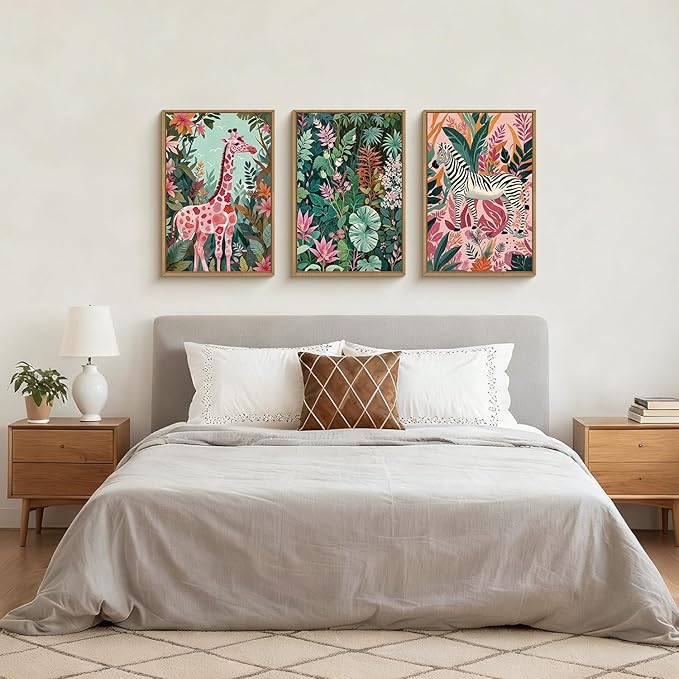 Spring Boho Sage Green Pink Giraffe Zebra Jungle Framed Canvas Wall Art Set,Natural Safari Tropical Wildlife Wall Decor,Modern Wild Animal Botanical Artwork for Living Room,Farmhouse -16"x24"x3