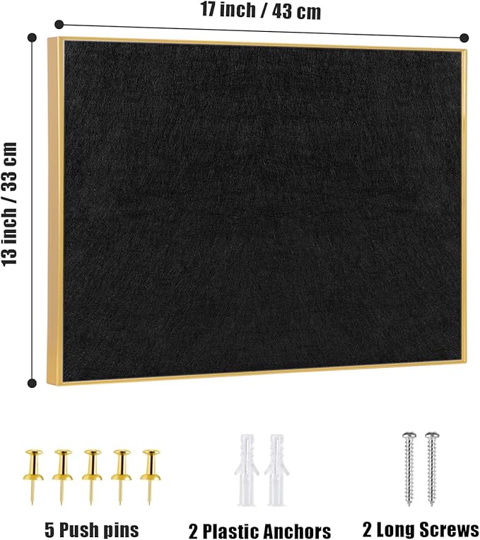 Golden Aluminum Framed Pin Board with Black Felt, Approx. 17 x 13 inches Bulletin Board with Pins, Eye Bolts, gaskets, Screws, Cork Board Alternative for Office, School and Home(AL-BK-3343)