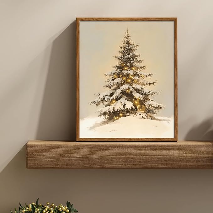 uniro Snowy Christmas Tree Print, Vintage Pine tree Decor Wall Art, Neutral Antique Holiday Xmas Tree Painting, Christmas Muted Rustic PineTree Artwork Painting Winter Farmhouse Holiday Wall Decor for Bedroom, Living Room, Gallery, winter Room Decor, h...