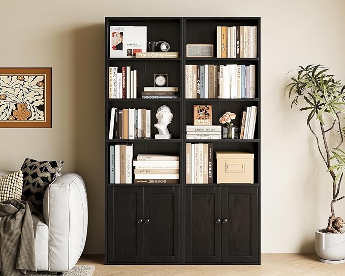 Casaottima Bookshelf and Bookcase with Doors, Floor Standing 6-Tier Shelf Display Storage Shelves, Tall Bookcases for Home Office, Living Room, Black