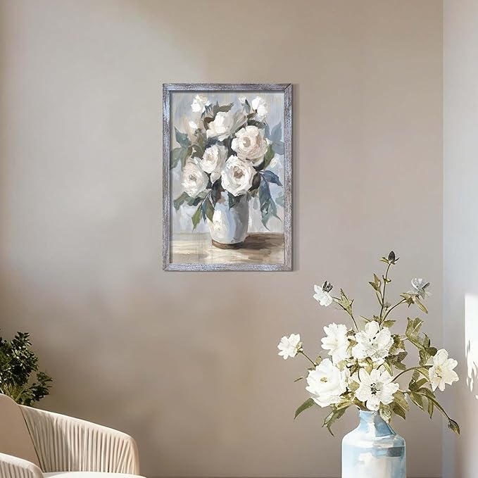 Floral Wall Art Painting - Realistic White Flower Canvas with Soft Blue Gray Tones for Bathroom and Bedroom Decor 11"x16"