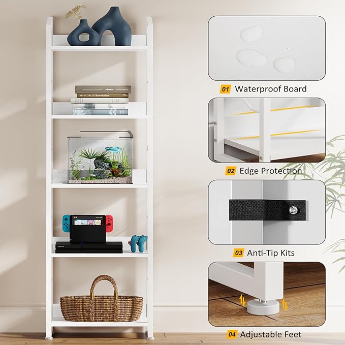 Hosfais 5 Tier Tall Bookshelf: Industrial Wood Book Shelf with Edge Protection Metal Narrow Bookshelf Bookcase Storage Organizer Display Rack for Living Room Home Office (White)