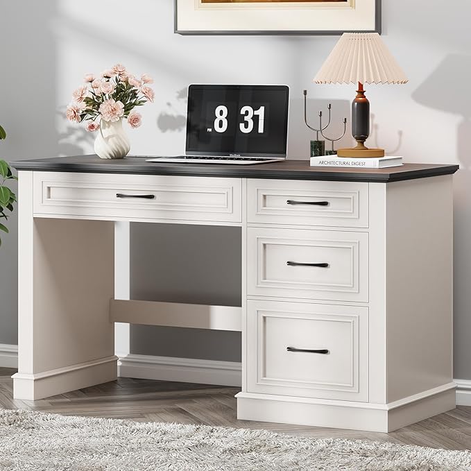 Farmhouse 47" Executive Desk, Computer Desk with Drawers and File Drawer, Workstation Computer Desk with Charging Station for Home Office, Study,(Black