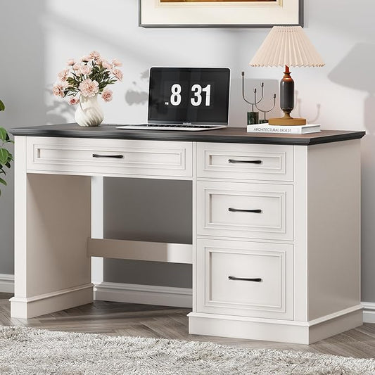 Farmhouse 47" Executive Desk, Computer Desk with Drawers and File Drawer, Workstation Computer Desk with Charging Station for Home Office, Study,(Black