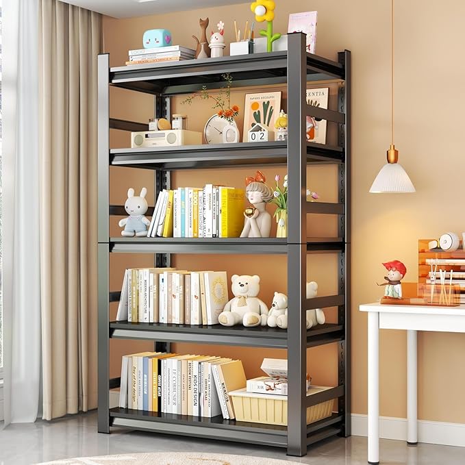 47" W*78" H Book Shelf，5 Tier Metal Wide Bookshelf，Heavy Duty Book Shelfs，Adjustable Shelving Unit，Tall Bookcase，Industrial Bookshelf for Living Room，Bedroom，Office and Library