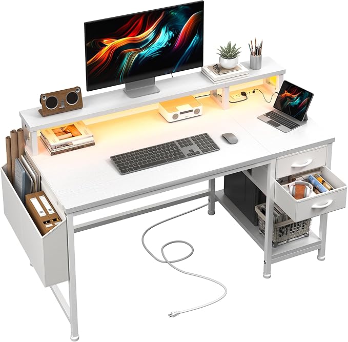 40" Computer Desk with LED Strip, Gaming Desk with Drawers & Storage Bag, Office Desk with Power Outlets & Monitor Stand, Home Office Desks for Bedroom, Gaming Room, White