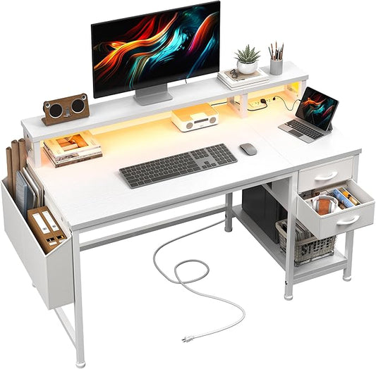 40" Computer Desk with LED Strip, Gaming Desk with Drawers & Storage Bag, Office Desk with Power Outlets & Monitor Stand, Home Office Desks for Bedroom, Gaming Room, White