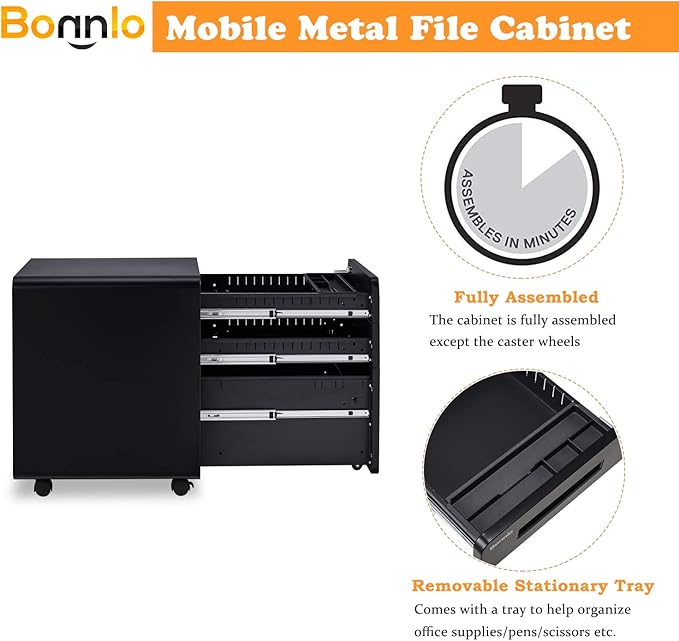 Bonnlo 23.8" H 3 Drawer Rolling File Cabinet With Lock, Mobile Under Desk With Pencil Tray, Black Locking for Home Office, Metal Filing Printer Stand Fully Assembled