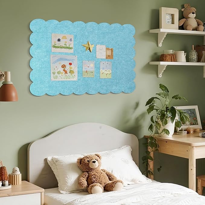 Scalloped Bulletin Board, 36 x 24 Inches Felt Pin Board - Decorative Cork Alternative for Wall, Foldable Picture Self-Adhesive Vision Prayer Board with 20 Pushpins - Turqoise Blue