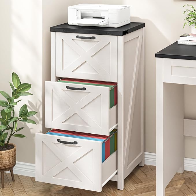 3 Drawer Tall File Cabinet, Farmhouse Vertical Filing Cabinet Fits Letter/A4 Size, Wood File Cabinets Printer Stand for Home Office, Living Room, White and Black