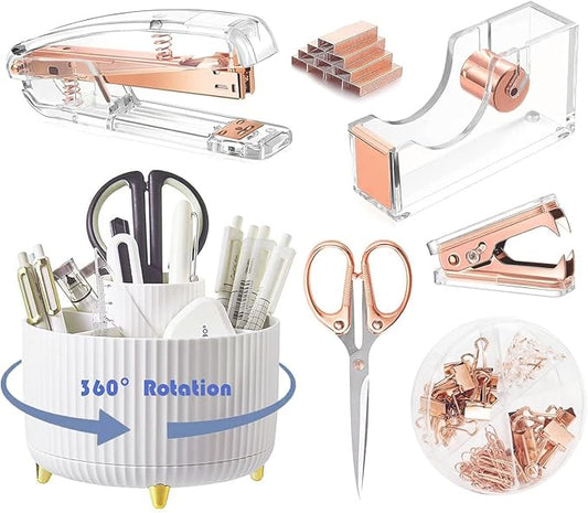 Desk Organizers and Accessories Set with 360-Degree Rotating Pen Holder, Acrylic Stapler, Tape Holder, Staple Remover, Binder/Paper Clips Kit, Scissor and 1 Box of Staples