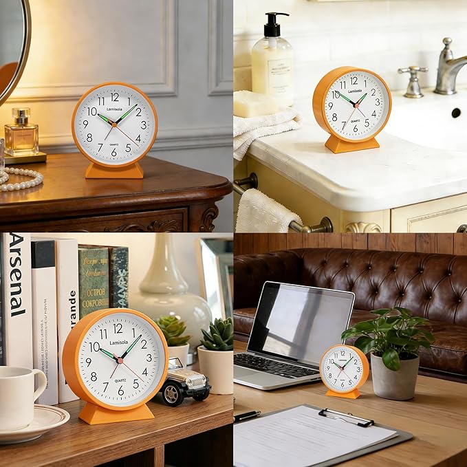 4.5 Inch Small Silent Analog Alarm Clock, Retro Battery Operated Desk Clock with Night Light Stays On 4 Seconds Vintage Metal Table Clock for Bedside, Nightstand, Bedroom, Office, Bathroom - Orange