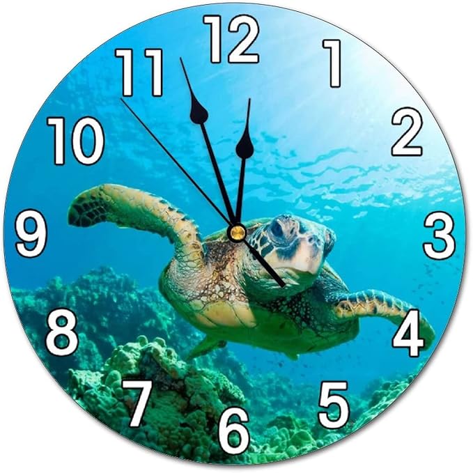 sea Turtle Wall Clock Battery Operated Silent Round Clock Wall Decor for Home Office School, 12 Inch