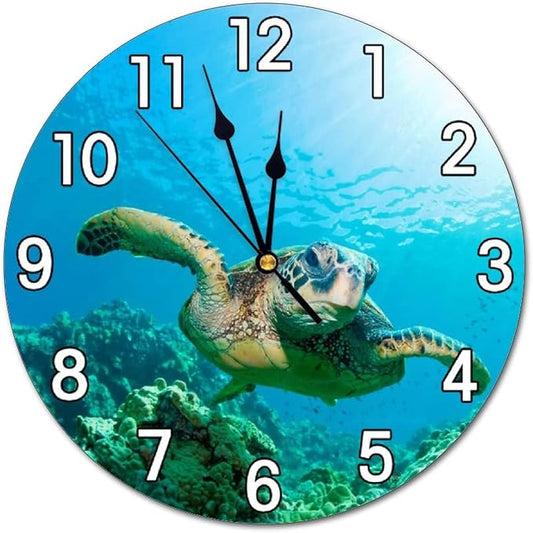 sea Turtle Wall Clock Battery Operated Silent Round Clock Wall Decor for Home Office School, 12 Inch