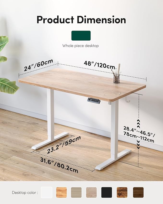 CubiCubi 48 x 24 Large One-Piece Standing Desk, Adjustable Height Electric Computer Home Office Sit Stand up Workstation, with 4 Memory Presets, Headphone Hook, Maple