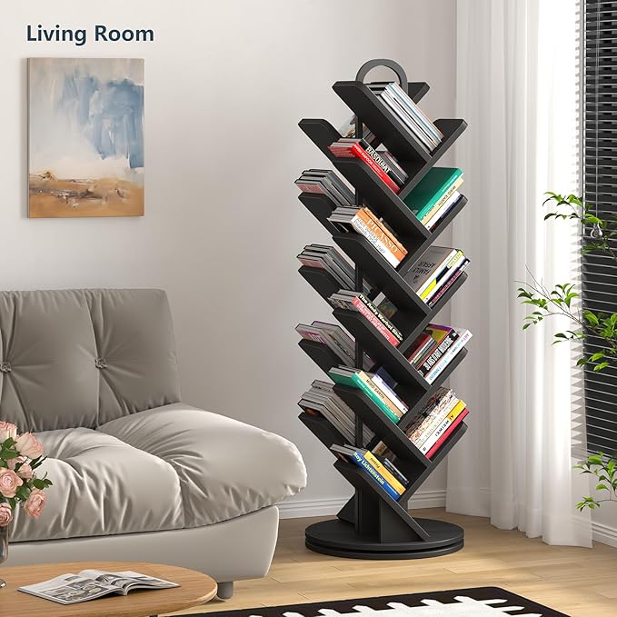 TVU 20-Tier Tree Rotating Bookshelf, 360 Degree Spinning Standing Bookcase for Magazines DVDs Books, Corner Bookcase for Living Room Bedroom Study, Black
