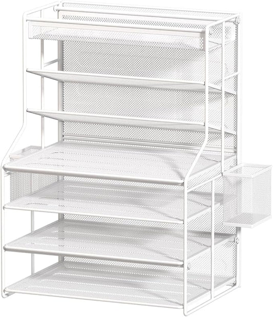 7 Tier Desk File Organizer – Vertical File Organizer for Desk with Removable Pen Holder & Adjustable Drawer – Metal Document Organizer for Office, Simple Trending Design – White